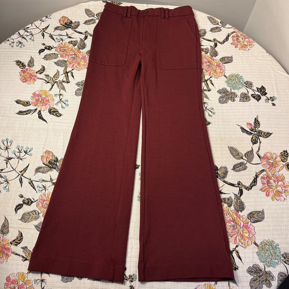 Anthropologie Women's Size 2 Burgundy Essential Flare Trouser Red/Black Striped